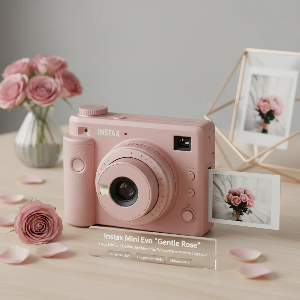 Instax Mini Evo 'Gentle Rose': A Joia Híbrida Que Faz Suas Memórias Florescerem em Pura Elegância.