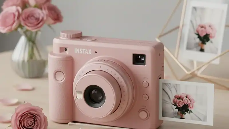 Instax Mini Evo 'Gentle Rose': A Joia Híbrida Que Faz Suas Memórias Florescerem em Pura Elegância.