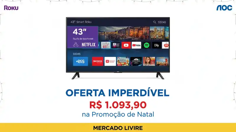 Oferta Imperdível: Smart TV AOC Roku TV S5045 de 43 Polegadas por R$ 1.093,90 na Promção de Natal